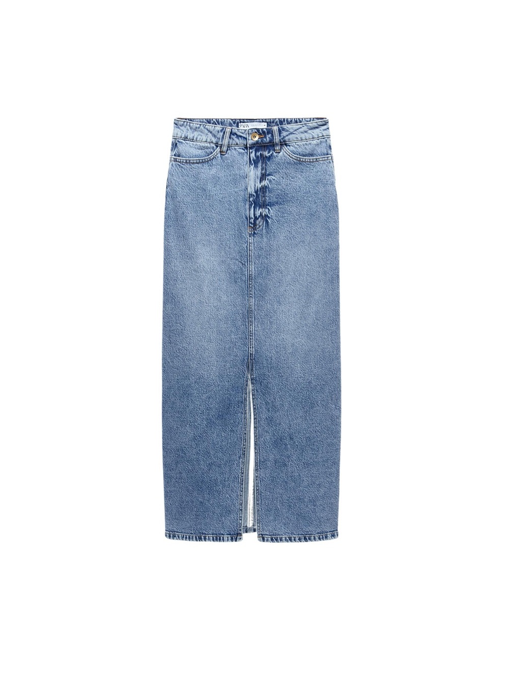 Zara Light Blue Denim Midi Skirt with Front Slit